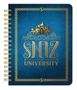 "SNÖZ UNIVERSITY" steht in Gold auf blauem Hintergrund. Darüber eine goldene Silhouette von Gebäuden. Geometrischer Rand.