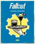 "Fallout: The Official Cocktail Book." Illustration: Ein Tablett mit Cocktailgläsern, dahinter ein gelbes Zahnrad., Buch
