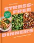 "STRESS-FREE DINNERS: 90+ Quick Everyday Vegan Recipes." Drei Fotos mit veganen Gerichten auf orangefarbenem Hintergrund., Buch