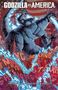"Godzilla vs America" oben, darunter Städte wie Portland und Texas. Illustration von Godzilla, der Gebäude zerstört.