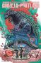 „Godzilla vs Portland“ steht oben im Bild. Es zeigt eine Illustration von Godzilla in einer Stadt mit Blumen und Gebäuden., Buch