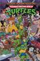 "Saturday Morning Adventures: Teenage Mutant Ninja Turtles" als Titel. Vier Schildkröten mit Waffen stehen im Mittelpunkt. Umgeben von bunten Charakteren., Buch