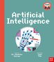 "Artificial Intelligence" in weißer Schrift auf grünem Hintergrund. Roboterhand hält Stift, Grafiken im Hintergrund., Buch