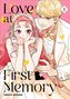 Text: "Love at First Memory". Illustration: Ein Mädchen mit Blumenkranz und ein Junge in Anzug vor rosa Hintergrund., Buch