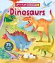 Der Text "Lift the Flap Discovery! Dinosaurs. 75 Flaps to find" steht auf einer bunten Illustration mit Dinosauriern und Vulkan., Buch