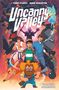 Text: "UNCANNY VALLEY", "TONY FLEECS", "DAVE WACHTER", "COMPLETE COLLECTION". Illustration: Bunte Charaktere, ein mystisches Wesen, Krähen., Buch