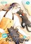 Oben: "story & art by Migiri Miki". Unten: "My Kitten is a Picky Eater". Illustration: Lächelnde Person mit Katze., Buch