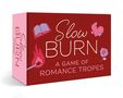 „Slow Burn: A Game of Romance Tropes“. Illustrationen: Herz, Buch, Rose und brennende Streichholzflamme.