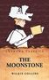 "Lushena Classics: The Moonstone, Wilkie Collins." Eine Frau mit Hut liest ein Buch, im Hintergrund geschwungener Text.