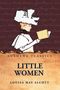 Text: "Lushena Classics", "Little Women", "Louisa May Alcott".  
Illustration einer Frau mit Hut, die ein Buch liest.