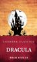 "Lushena Classics Dracula Bram Stoker" in weißen Lettern, vor einer Burgsilhouette und Vollmond mit fliegenden Fledermäusen.