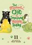 Bunte Schrift sagt: "The Masterful Cat is Depressed Again Today". Schwarze Katze in gelbem Overall, Mädchen in grünem Kleid., Buch