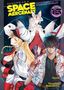 Oben: "Reborn as a Space Mercenary" in Gelb, "I woke up piloting the strongest starship!" Drei Anime-Charaktere in futuristischer Kleidung., Buch