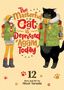 Buchtitel: „The Masterful Cat is Depressed Again, Today“. Zwei Figuren in Mänteln, ein großes Tier und eine Person mit Rucksack., Buch