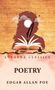 „POETRY“ und „EDGAR ALLAN POE“ sind in großen Buchstaben zu lesen, darunter eine Feder, ein Buch und Wolken., Buch