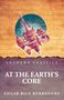 "Lushena Classics. At the Earth’s Core. Edgar Rice Burroughs." Illustration futuristischer Stadt vor handschriftlichem Text., Buch