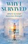 "WHY I SURVIVED" und "Where Survival Becomes Strength". Eine Frau steht vor einer offenen Tür am Meer im Sonnenuntergang., Buch