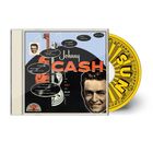 Der Text "Johnny Cash" steht über einem Kontrabass. Rechts ist ein lächelndes Gesicht und links ein gelber "SUN" CD.