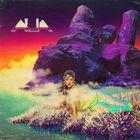 Der Text "AJA" steht oben links. Eine Frau liegt auf futuristischer Landschaft mit violetten Felsen und buntem Himmel.