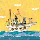 Bunte Collage: Ein fantasievolles Schiff mit Papierausschnitten, einem Zebra und einem Kind mit Fernrohr vor gelbem Hintergrund.