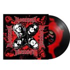"Bloodstain" in roter Schrift auf schwarzem Hintergrund mit Gesichtern und Blutspritzer-Design; Vinyl-Schallplatte sichtbar.