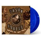 Text: "Jason Isbell - Sirens of the Ditch". Collage mit Vintage-Elementen, blauen Schallplatten im Hintergrund.