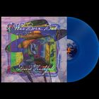 "She Was Born, But..." und "David Huckfelt" in geschwungener Schrift. Abstraktes Gemälde und blaue Schallplatte.