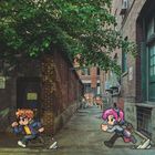 Text: "No Parking Any Time."  
8-Bit-Figuren laufen durch eine enge Gasse mit Backsteinwänden unter grünen Bäumen.