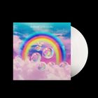 Text: "slothrust parallel timeline". Ein Regenbogen über rosa Wolken, schwebende Seifenblasen um eine weiße Schallplatte.