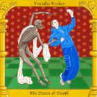 "Frankie Archer" oben, "The Dance of Death" unten. Illustration: Skelett und Mensch tanzen, Mensch macht Selfie, rote Wand.