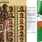 Texte: "Just Dennis", "Classic Reggae", "Bob Marley's favorite singer dubbing him as 'The Crown Prince of Reggae'", "12 inch LP". 

Links ein Mann in Lederjacke; rechts eine grüne Schallplatte.