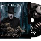 Aufschrift oben: „GOTHMINISTER“. Unten: „WE ARE ALL DEMONS“. Ein Mann in Zylinder hält eine Kreatur, wirkt düster.