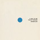 Text: "A HOLE TO SEE THE SKY THROUGH MYSTERY JETS". Ein kleiner blauer Punkt auf hellem Hintergrund.