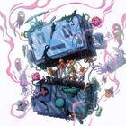 Oben: "HITROM". Unten: japanische Schrift. Illustration mit dreigeteilter Box, Kindern, Pflanzen und Geisterwesen.