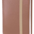 Braunes Notizbuch mit elastischem Band, lederartiger Oberfläche und abgerundeten Ecken.