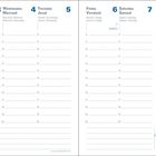 Kalender: Tage in mehreren Sprachen aufgelistet, mit Linien für Notizen. Kleiner Monatsüberblick unten rechts.