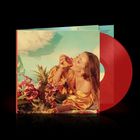 Cover mit Frau in gelber Bluse, die Obst isst, umgeben von Blumen. Rote Vinyl-Schallplatte daneben.