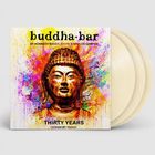 Text: "buddha-bar", "By Kenneth Bager, Ravin & Carlos Campos", "Thirty Years", "Design by Yoons". 
Ein Buddha vor buntem Hintergrund.