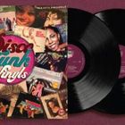 Text: "Disco Funk Vinyls". Collage aus Vinyl-Covern mit Retro-Design. Daneben zwei schwarze Schallplatten.