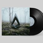 Eine Schallplatte halb verdeckt mit einem Cover. Ein schwarzes dreieckiges Objekt steht in einem nebligen Wald auf Moos.