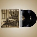 "Echoes of Time", "Meta and the Cornerstones". Sepia-Ton, zwei schwarze Vinylplatten, jemand sitzt am Tisch.