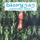 „Dionysos Happening Songs“ in blauer Schrift. Eine braune, skulpturartige Figur steht inmitten von grünem Laub.