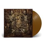 "Karg, trist." Zwei Skelette mit Bannern. Dunkle, komplexe Illustration auf einer braunen Schallplatte.