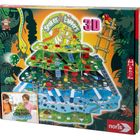 "Snakes & Ladders 3D" in bunten Buchstaben auf einer Dschungel-Hintergrund-Illustration mit Tieren und einem Würfel.