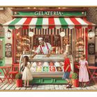 Der Schriftzug "Gelateria" prangt über einem malerischen Eiscafé. Ein Verkäufer bedient Kinder, die Eis an der Theke auswählen.