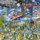 Illustrierte Szene mit Schriften wie "BOOM", "WHOOSH!", "BAM", "CRASH!", "AAAAH", "HELP!". Überfüllt mit Menschen und Figuren.