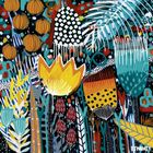 Texte: "BT WOMEN." Eine bunte, abstrakte Illustration von Pflanzen und Blumen mit lebendigen Mustern und Formen.