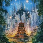 Texte zeigen Worte wie "FUTURE UNIVERSE". Stadtlandschaft: Moderne Gebäude, Mischkultur, Pagode, leuchtende Laternen, Menschen.