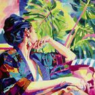 Gemälde einer Frau in bunter Kleidung, die nachdenklich vor großen Monstera-Blättern sitzt.