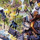 Ein von Fantasiewelten inspiriertes Gemälde mit Burg, Riesenaff, feuerspeiendem Drachen, Schiff und vielen detailreichen Landschaften.